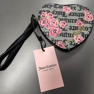 NWT Juicy Couture  Pink Bloom Black Pleats Please Heart Wristlet